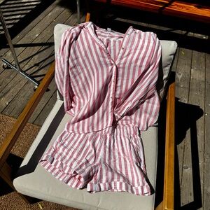 Striped Coral and White Button-Up Shirt & Drawstring Short Linen Cotton Set
